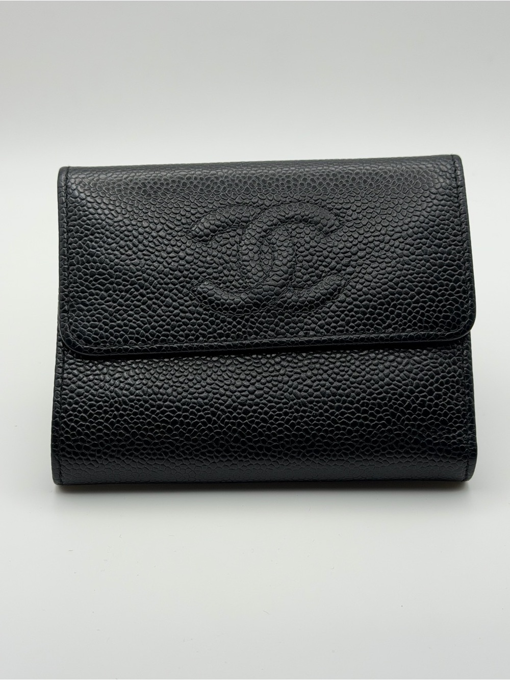 CHANEL Black Caviar Leather Compact Trifold Wallet